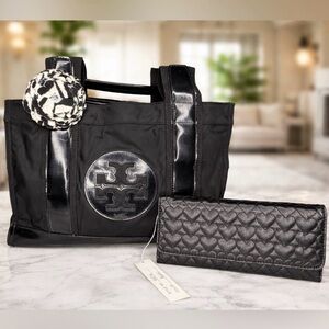 Tory Burch 🖤 Black Nylon Tote with Quilted Black Wallet and Rosette Charm
